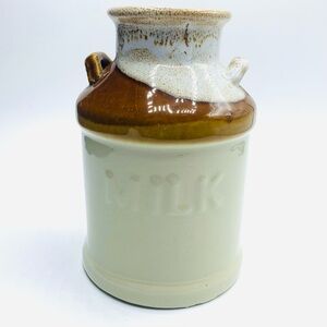 Vintage Brown Drip Glaze Stoneware Milk Jug 7" Farmhouse Utensil Holder